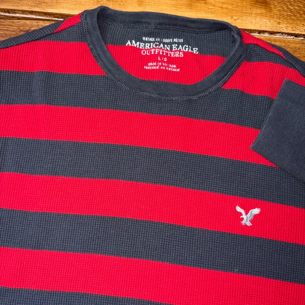American Eagle Thermal Shirt Mens Large Red Black Striped Waffle Knit Long Slv